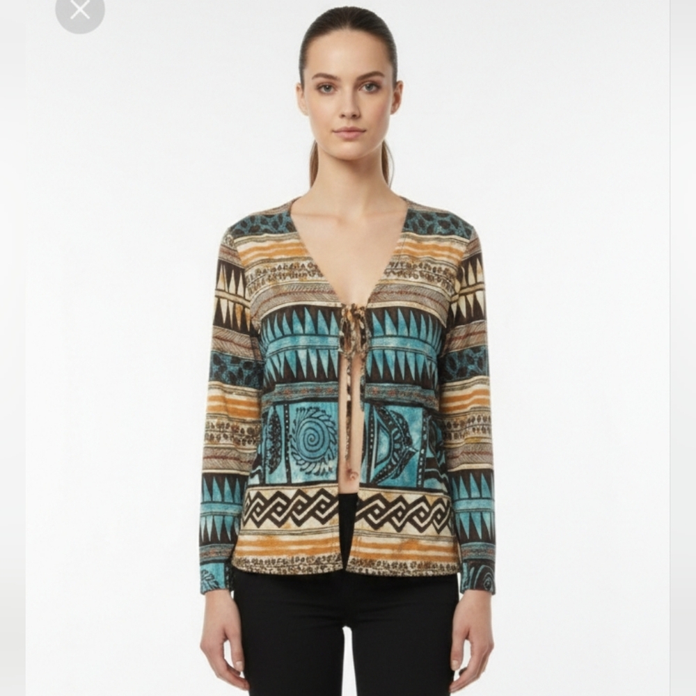 Vintage Ronni Nicole Blouse Boho Retro Tie Closure Brown Blue Grunge PM